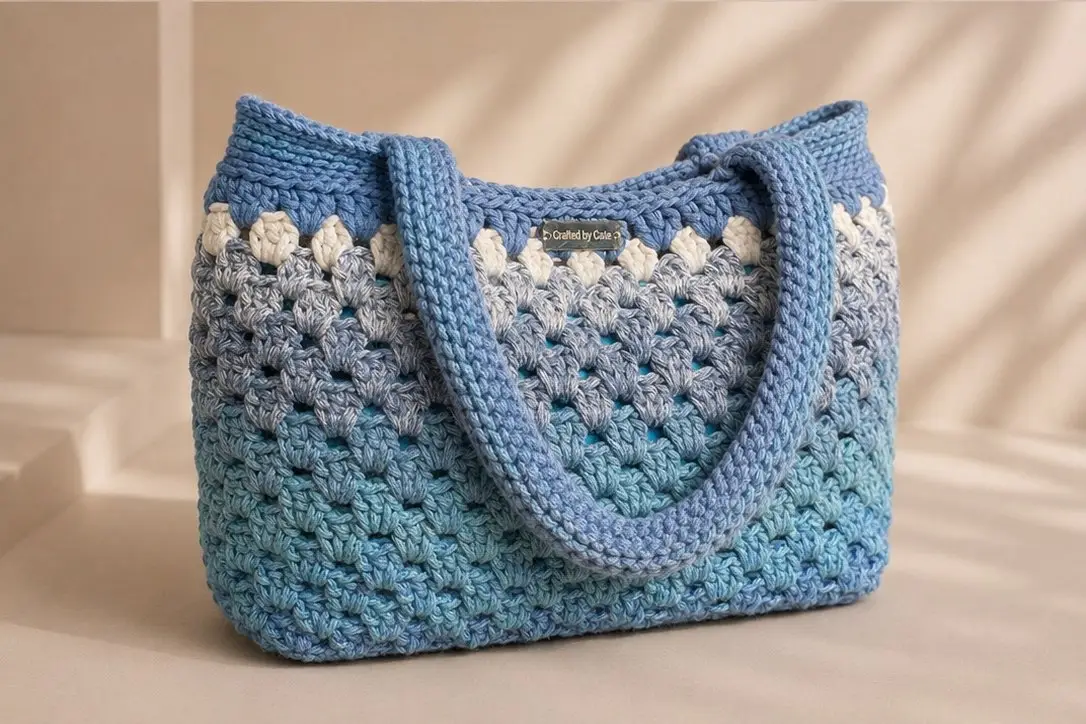 A blue and sea green ombré crochet tote photographed from the side, showing the stitch and the rolled handles