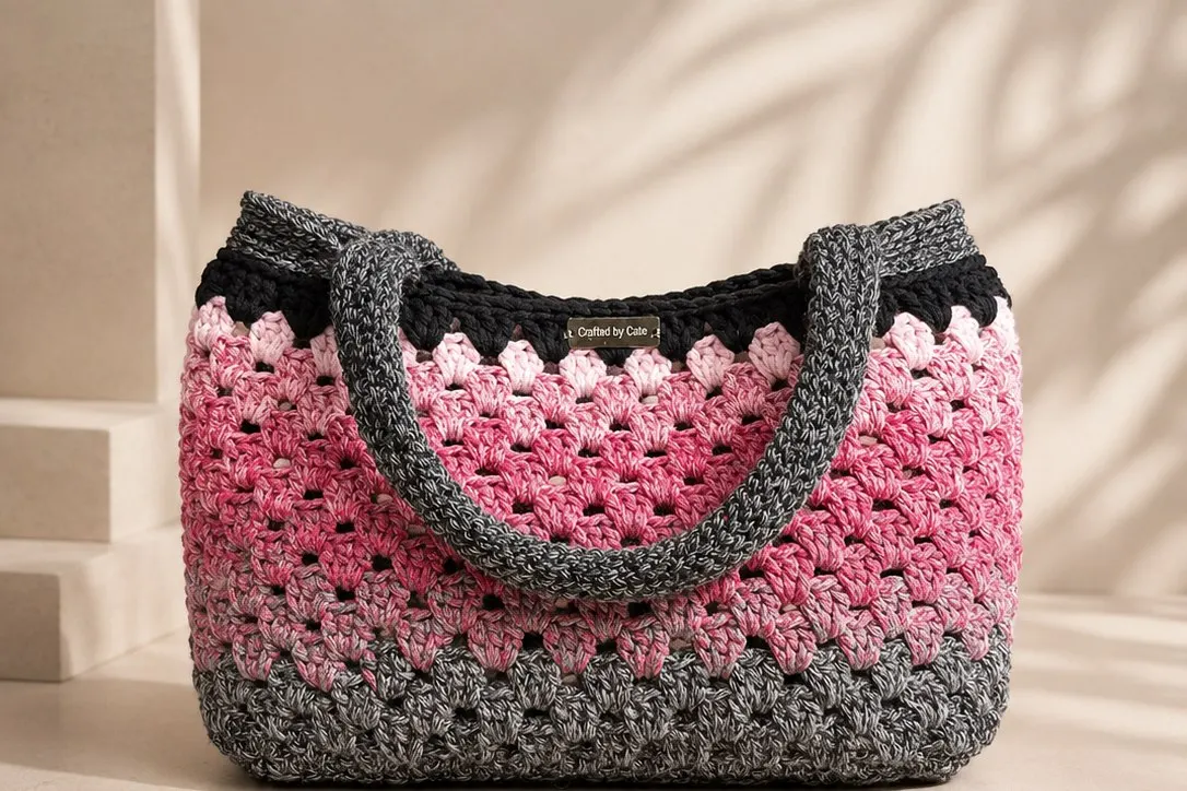 Crochet tote with a black top edge, rose pink body fading into graphite grey, and thick grey handles