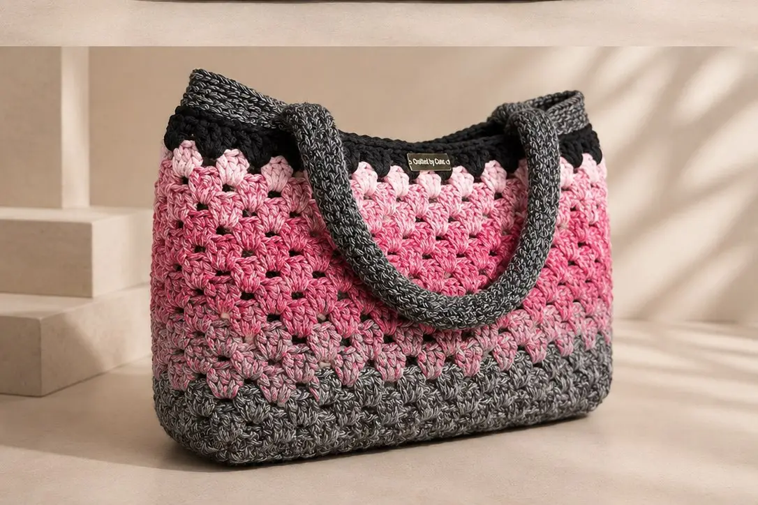A rose and graphite crochet tote on a pale ledge, crossed by the shadow of a palm leaf