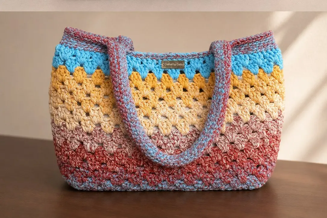 A striped crochet tote in blue, mustard, cream and terracotta resting on a dark wooden table