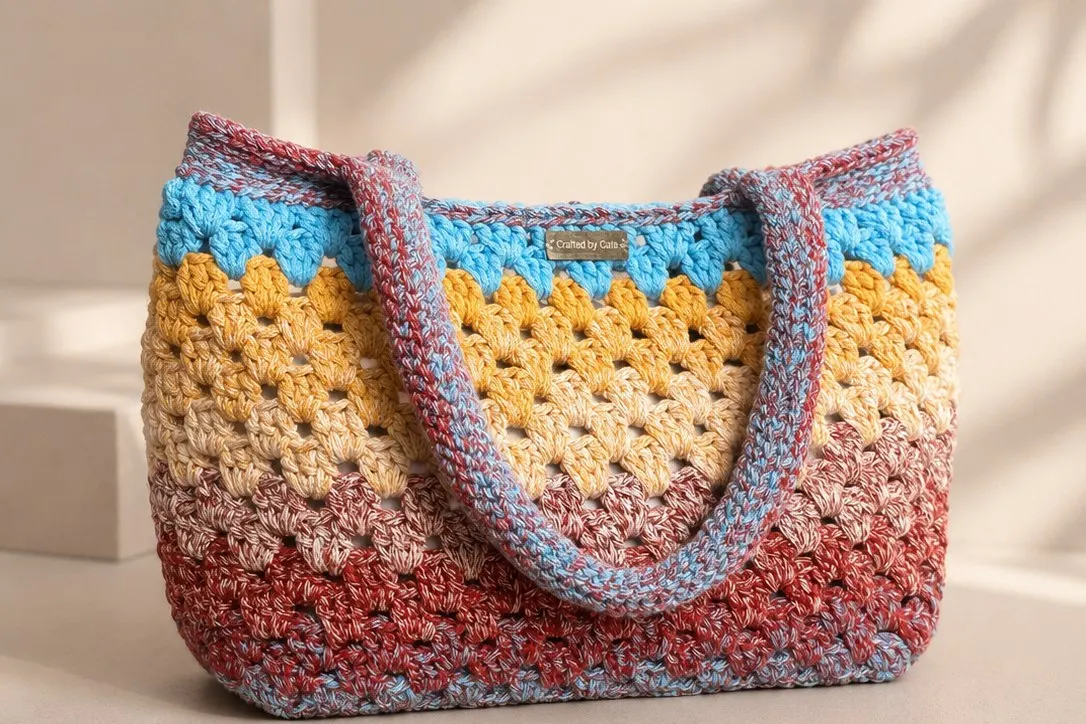 Crochet tote in wide horizontal stripes of sky blue, mustard, cream and terracotta with marled shoulder handles
